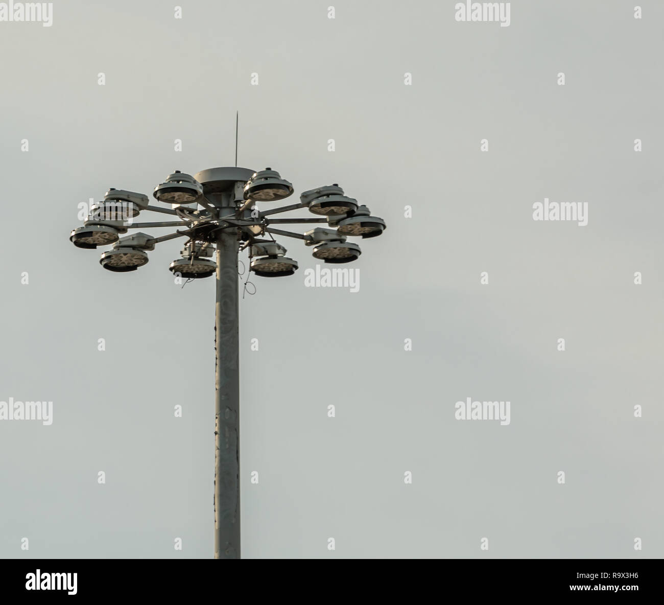 The top of a light pole at JFK ariport, an array of lights Stock Photo