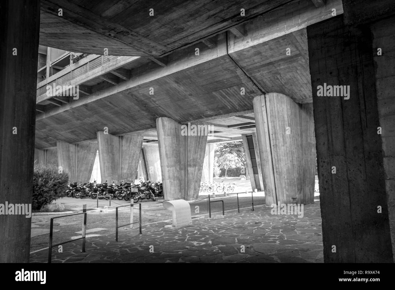 formed concrete undercroft with pilot in Le Corbusier's Unite d'habitation housing developmentMarseilles, South of France, France Stock Photo