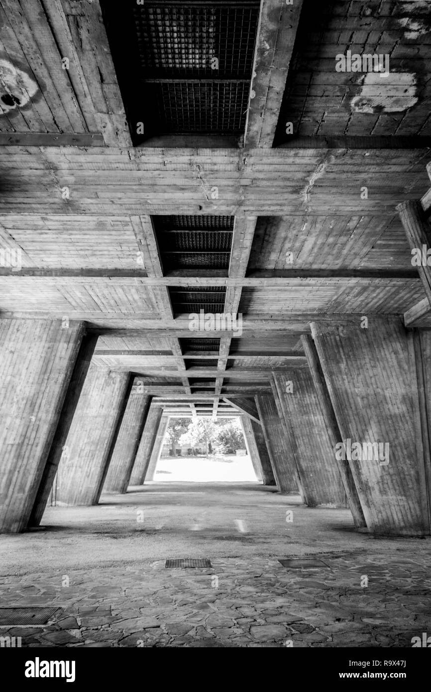 formed concrete undercroft with piloti in Le Corbusier's Unite d'habitation housing developmentMarseilles, South of France, France Stock Photo