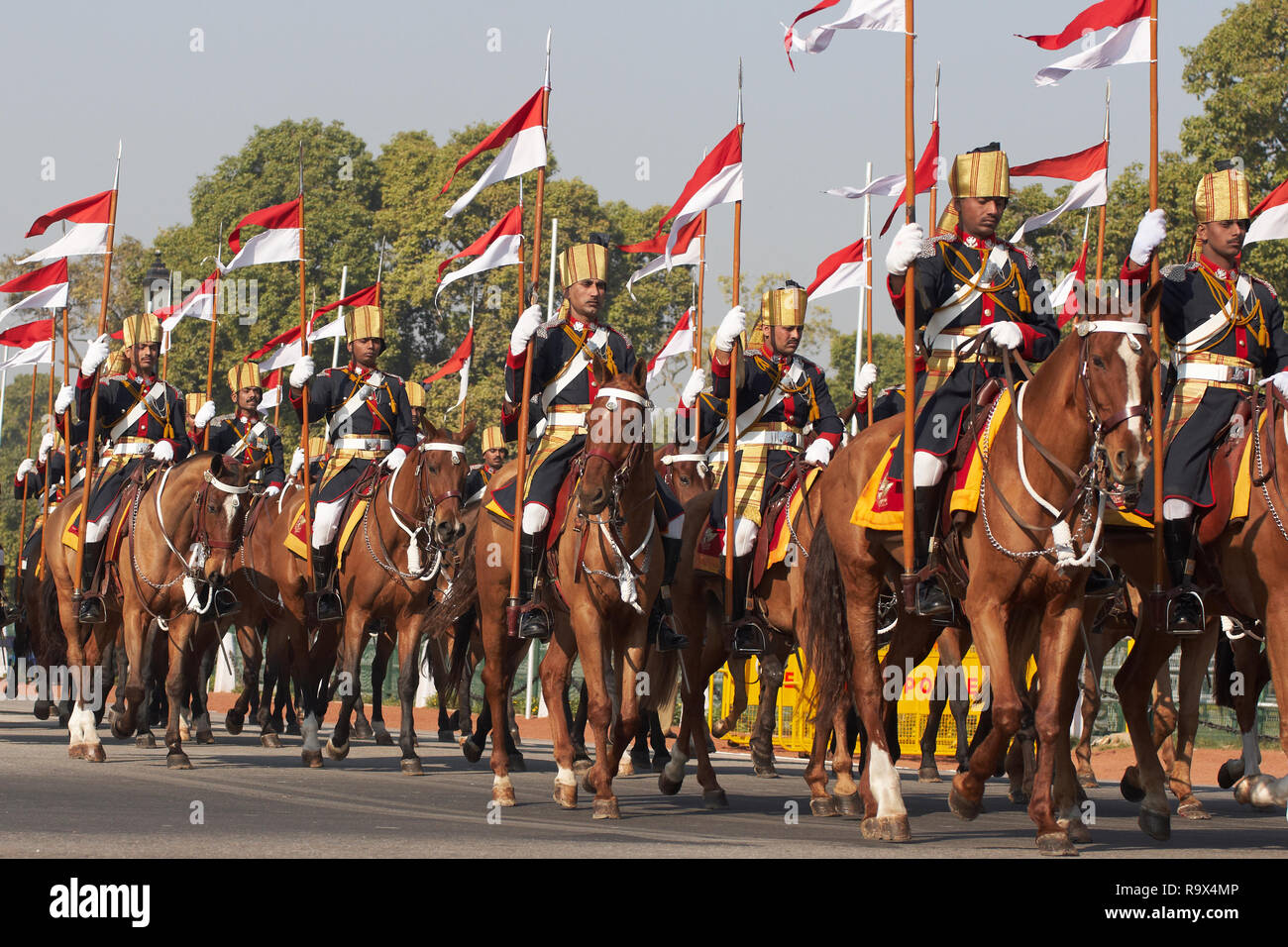 Mounted soldiers parading down the Raj Path in preparation for the Republic Day Parade. Stock Photo