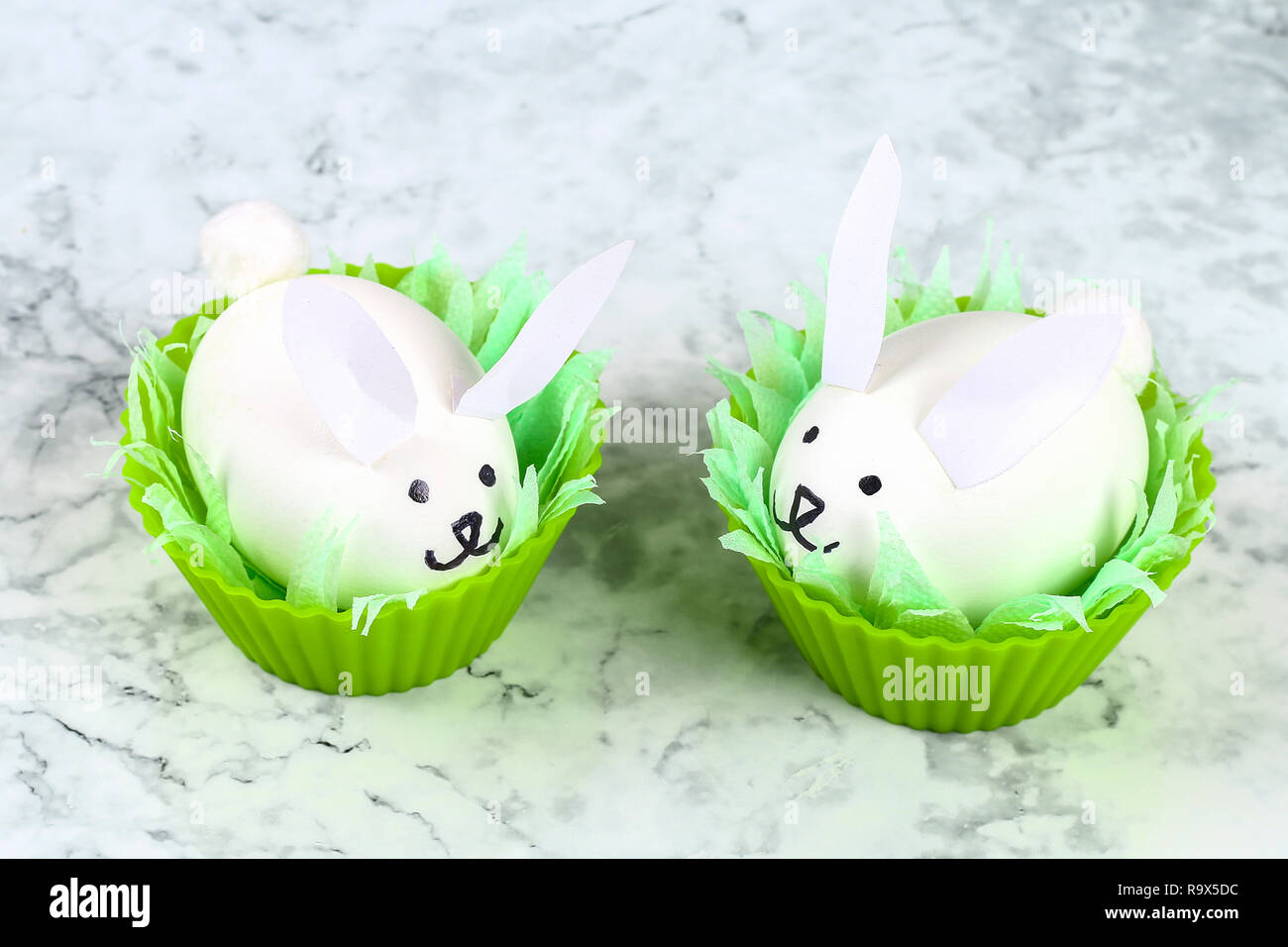 Diy rabbit from easter eggs on white background. Gift ideas, decor Easter,  spring. Handmade. White easter egg bunny, grass napkin, silicone cup muffin  Stock Photo - Alamy