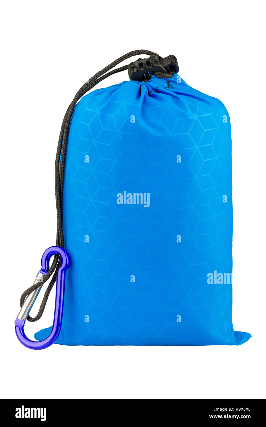 Very compact blue nylon pocket blanket in a drawstring bag with a