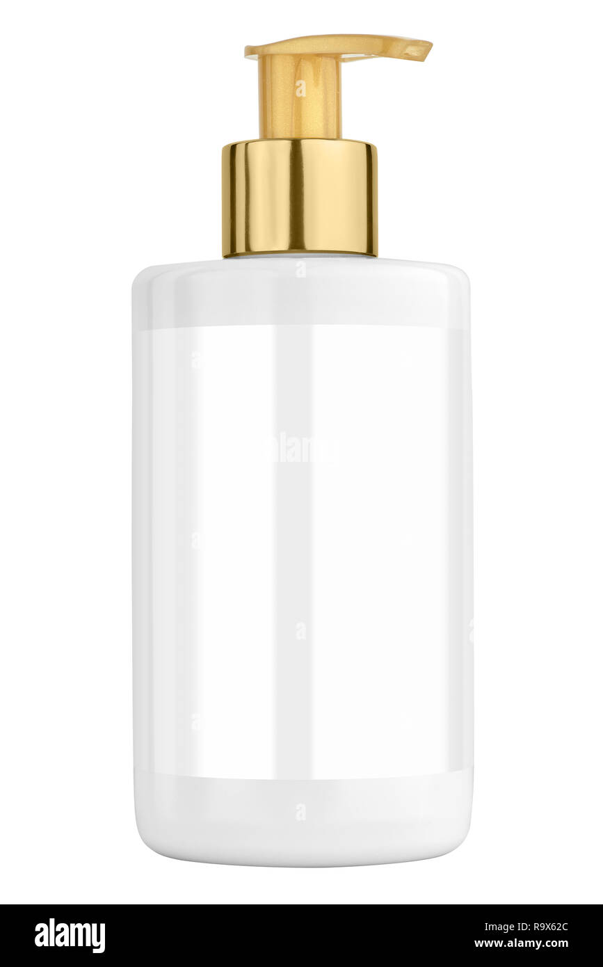White body lotion plastic bottle with blank label and golden lid, isolated  on transparent or white background Stock Photo - Alamy