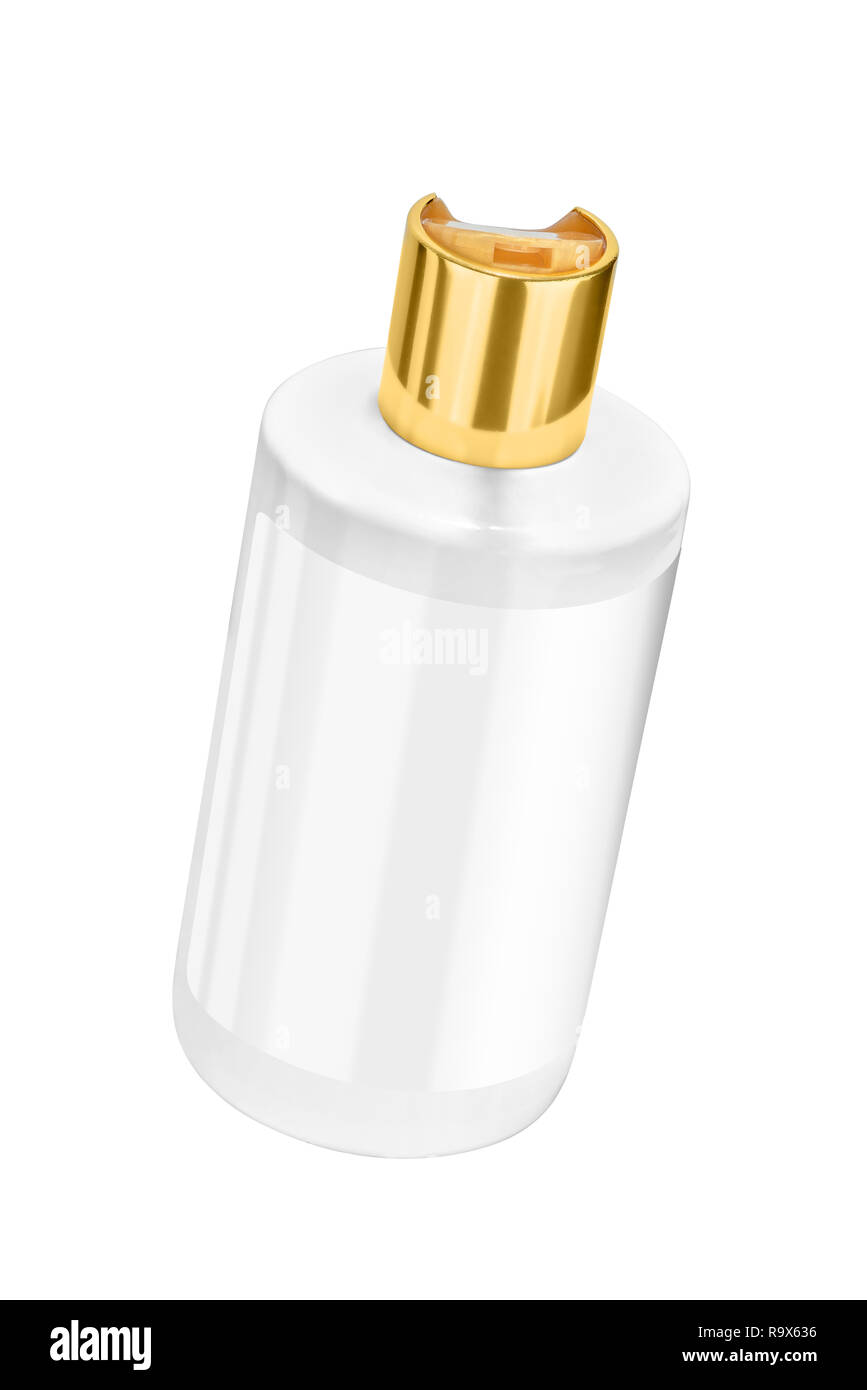 White shower gel plastic bottle with blank label and golden lid, tilted