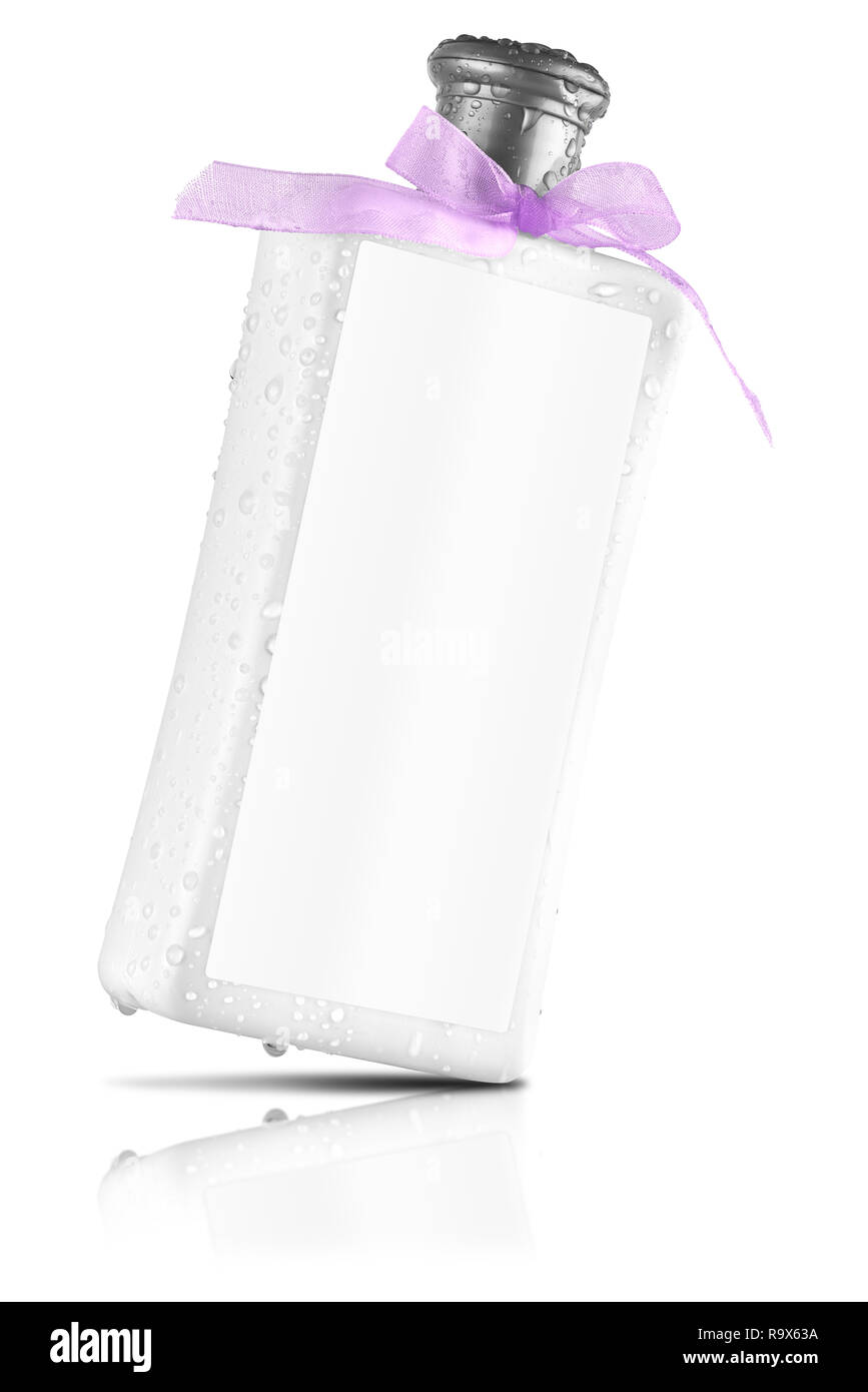 Elegant shower gel bottle with blank label, tilted view, reflected on