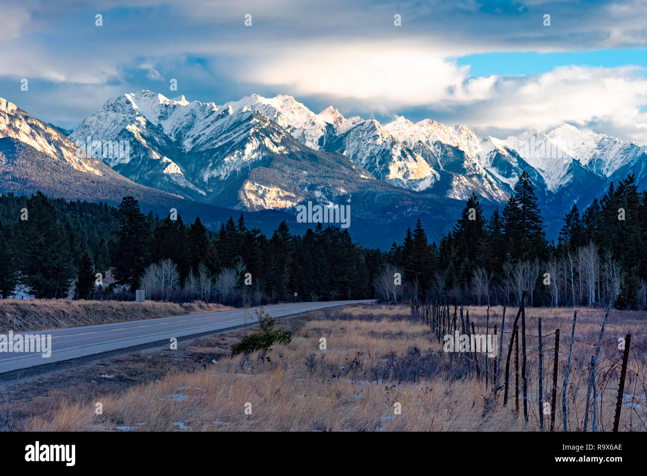 The Rocky Mountans in the setting sun near Fairmont Hot Springs British Columbia Valley in the East Kootenays in the winter Stock Photo