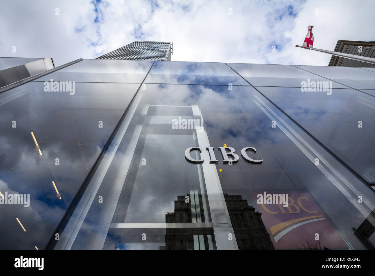 MONTREAL, CANADA - NOVEMBER 7, 2018: CIBC logo, in front of their main office for Montreal, Quebec, in Tour CIBC. Called as well Canadian Imperial Ban Stock Photo