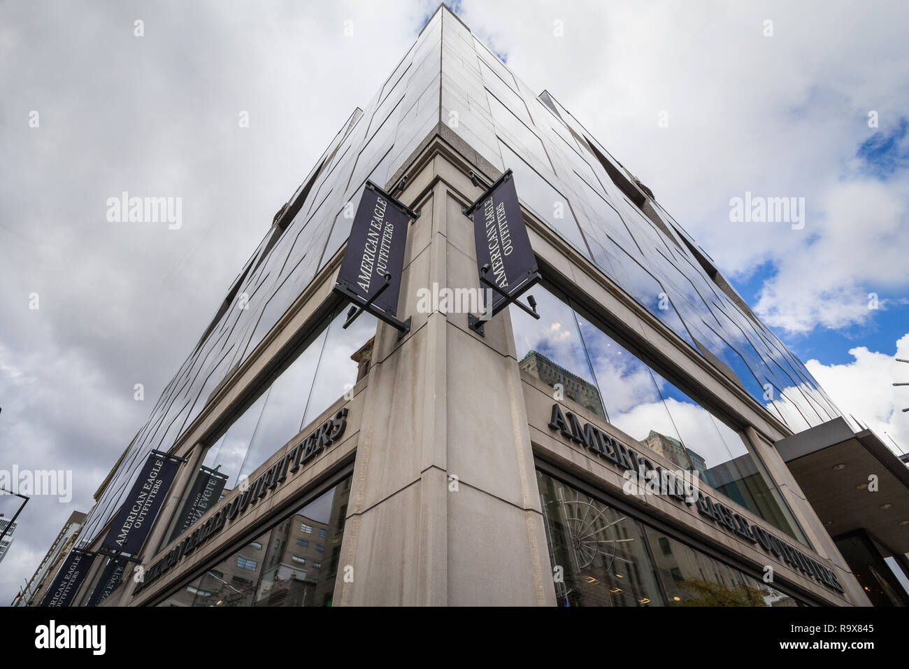 MONTREAL, CANADA - NOVEMBER 6, 2018: American Eagle Outfitters logo in front of a their shop in Montreal, Quebec. American Eagle is a US apparel chain Stock Photo