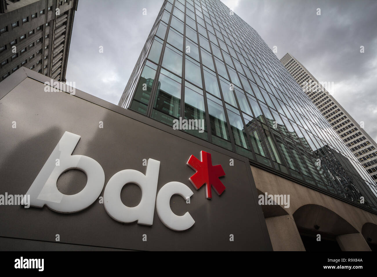 MONTREAL, CANADA - NOVEMBER 7, 2018: BDC Bank logo on their headquarters for Montreal, Quebec. the Business Development Bank of Canada is a bank fundi Stock Photo