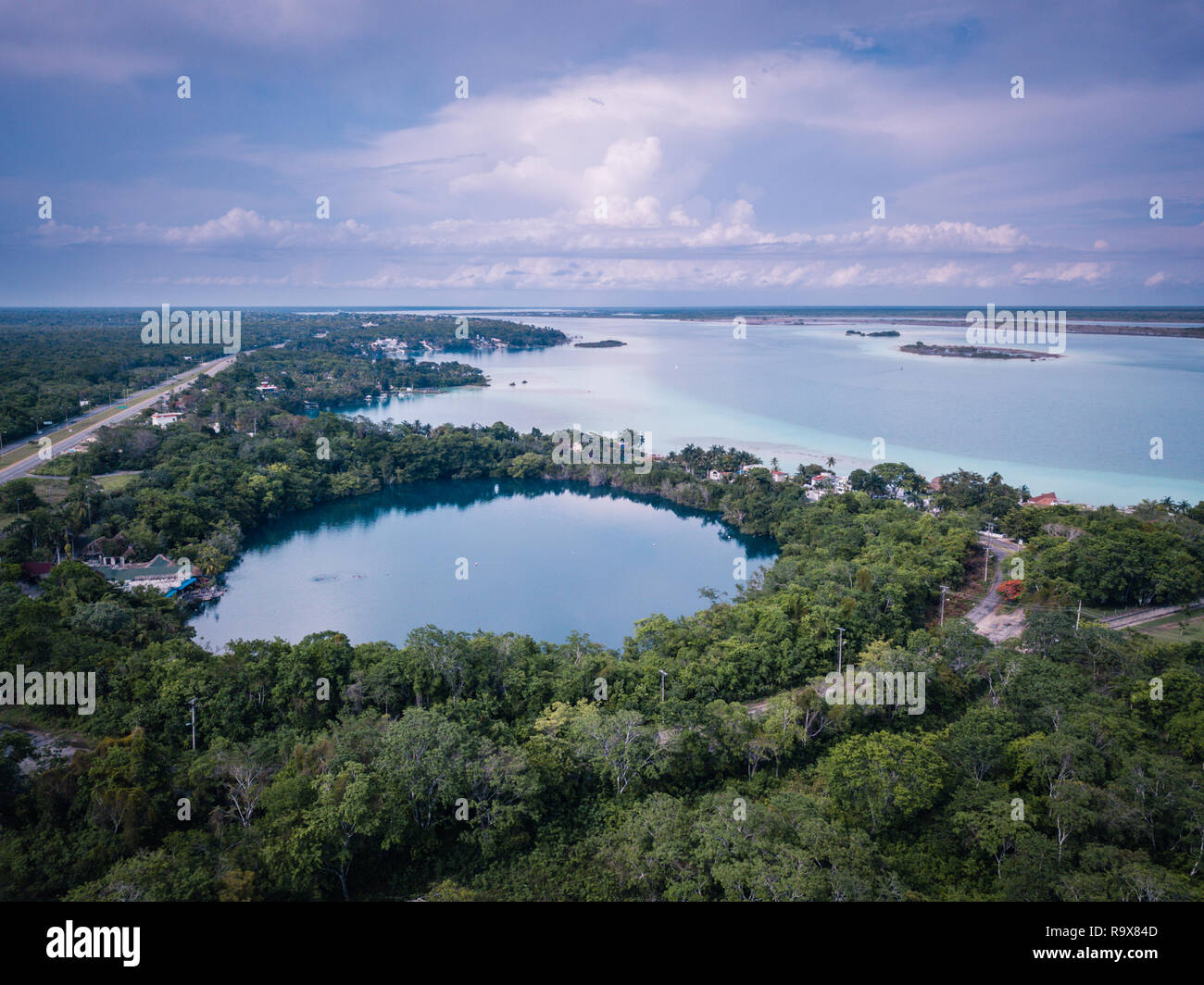 Mexico Bacalar Drone Cenote Azul Stock Photo