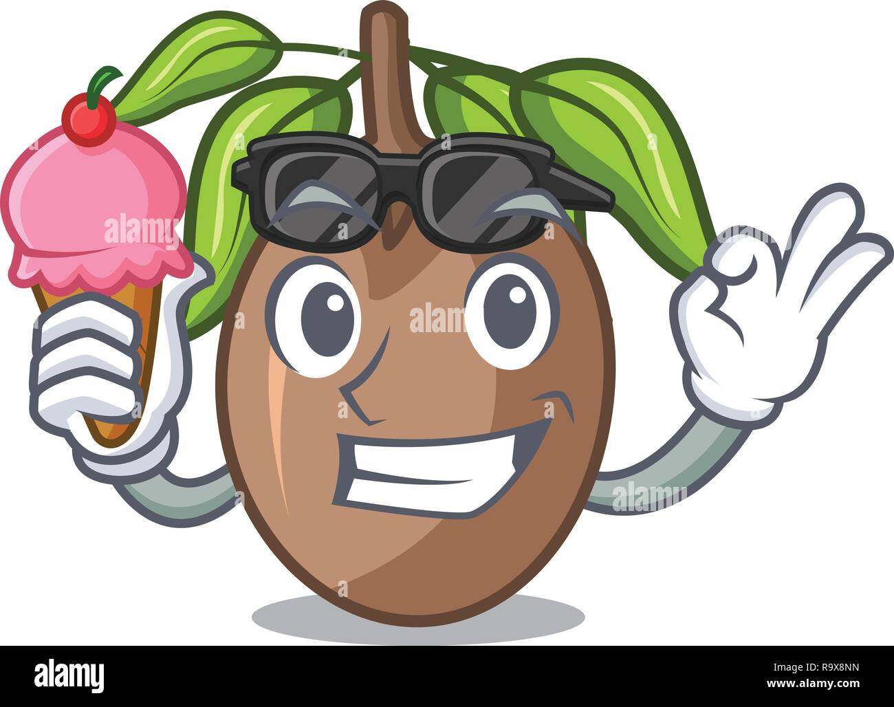 With ice cream sapodilla fruit isolated on the mascot Stock Vector
