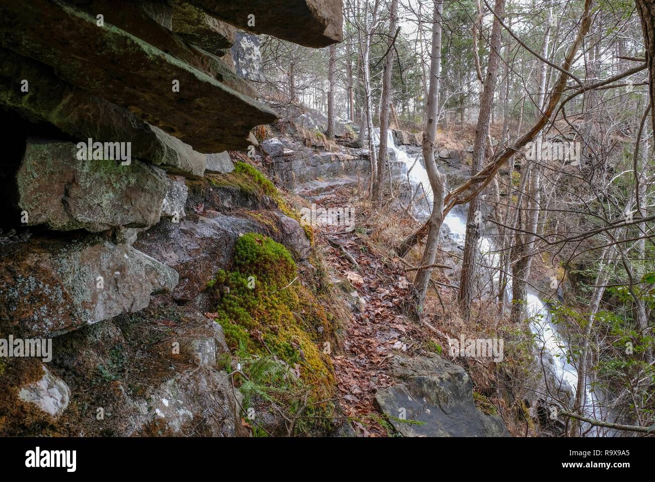 A small waterfall flow down the side of the mountain near Foster Falls, South Cumberland State Park on the Cumberland Plateau. Stock Photo
