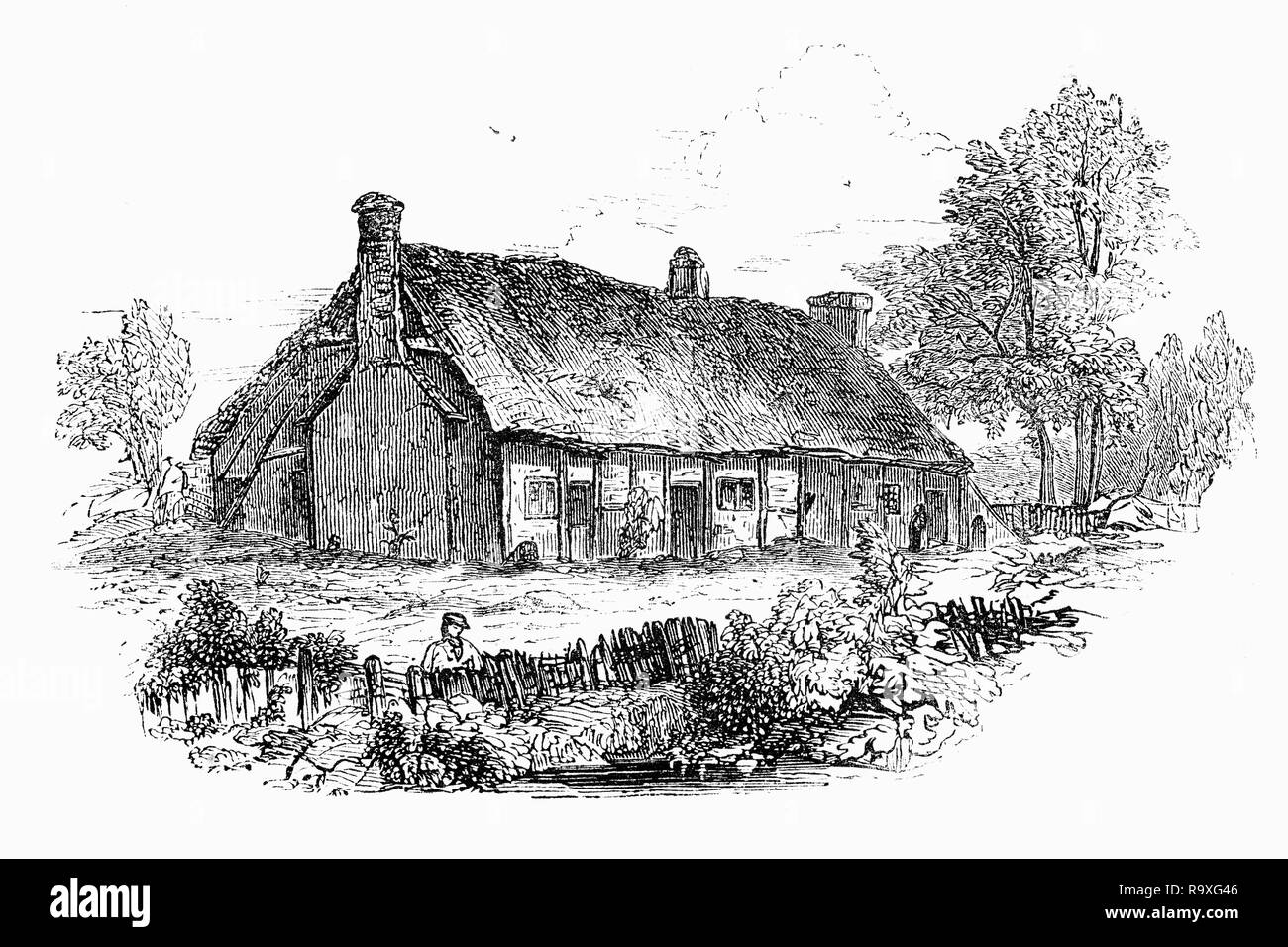 The cottage in Strensham, Worcestershire, England, where Samuel Butler (1613-1680) was born. He was a poet and satirist, remembered for a long satirical poem titled Hudibras, the most memorable burlesque poem in the English language and the first English satire to make a notable and successful attack on ideas rather than on personalities. It is directed against the fanaticism, pretentiousness, pedantry, and hypocrisy that Butler saw in militant Puritanism, extremes which he attacked wherever he saw them. Stock Photo