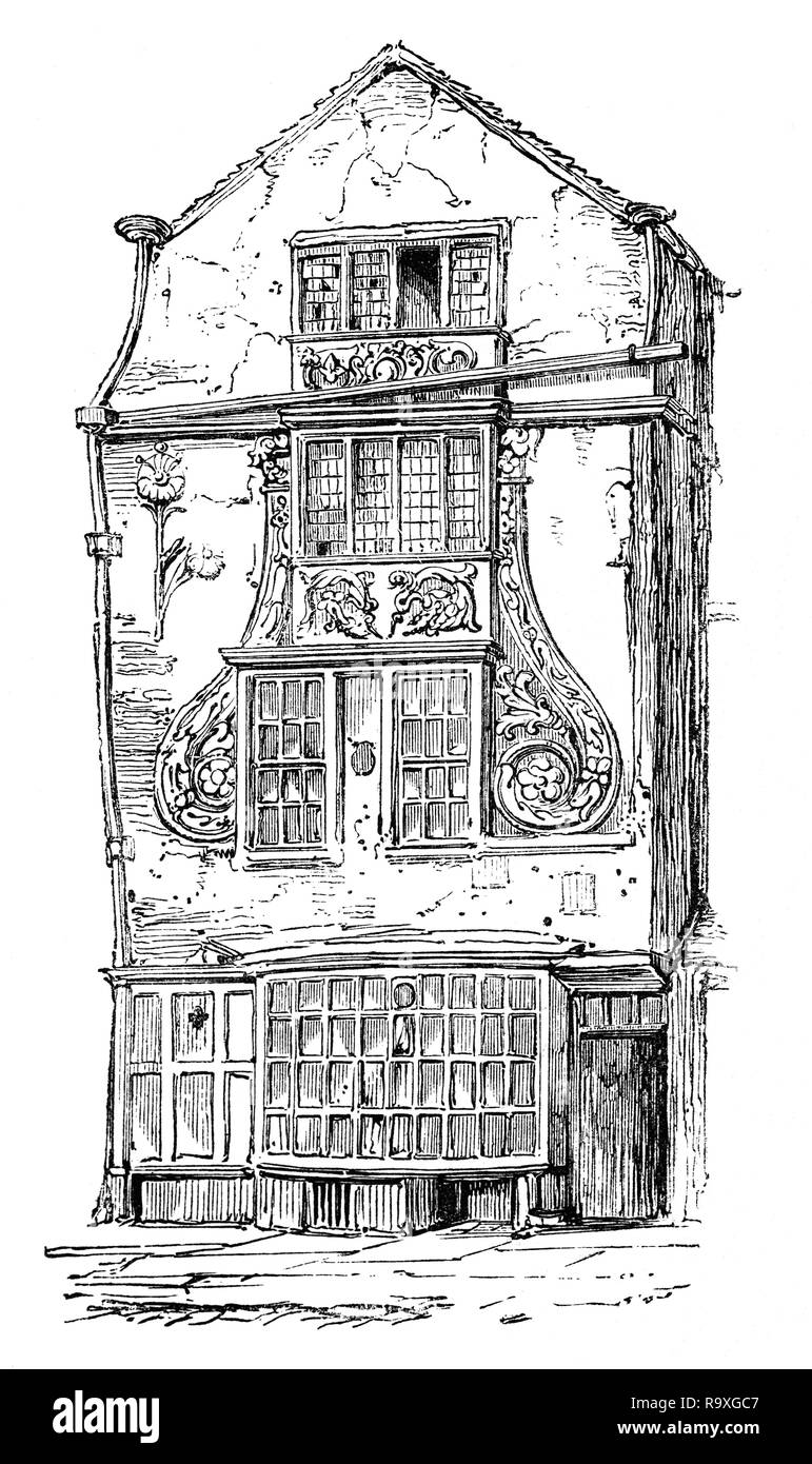 A highly decorative house in early 17th Century Moorfields,  one of the last pieces of open land in the City of London, near the Moorgate.  After the Great Fire of London in 1666, refugees from the fire evacuated there and set up temporary camps there. King Charles II of England encouraged the dispossessed to move on and leave London, but it is unknown how many newly impoverished and displaced persons instead settled in the Moorfields area. In the early 18th century, Moorfields was the site of sporadic open-air markets, shows, and vendors/auctions. Stock Photo