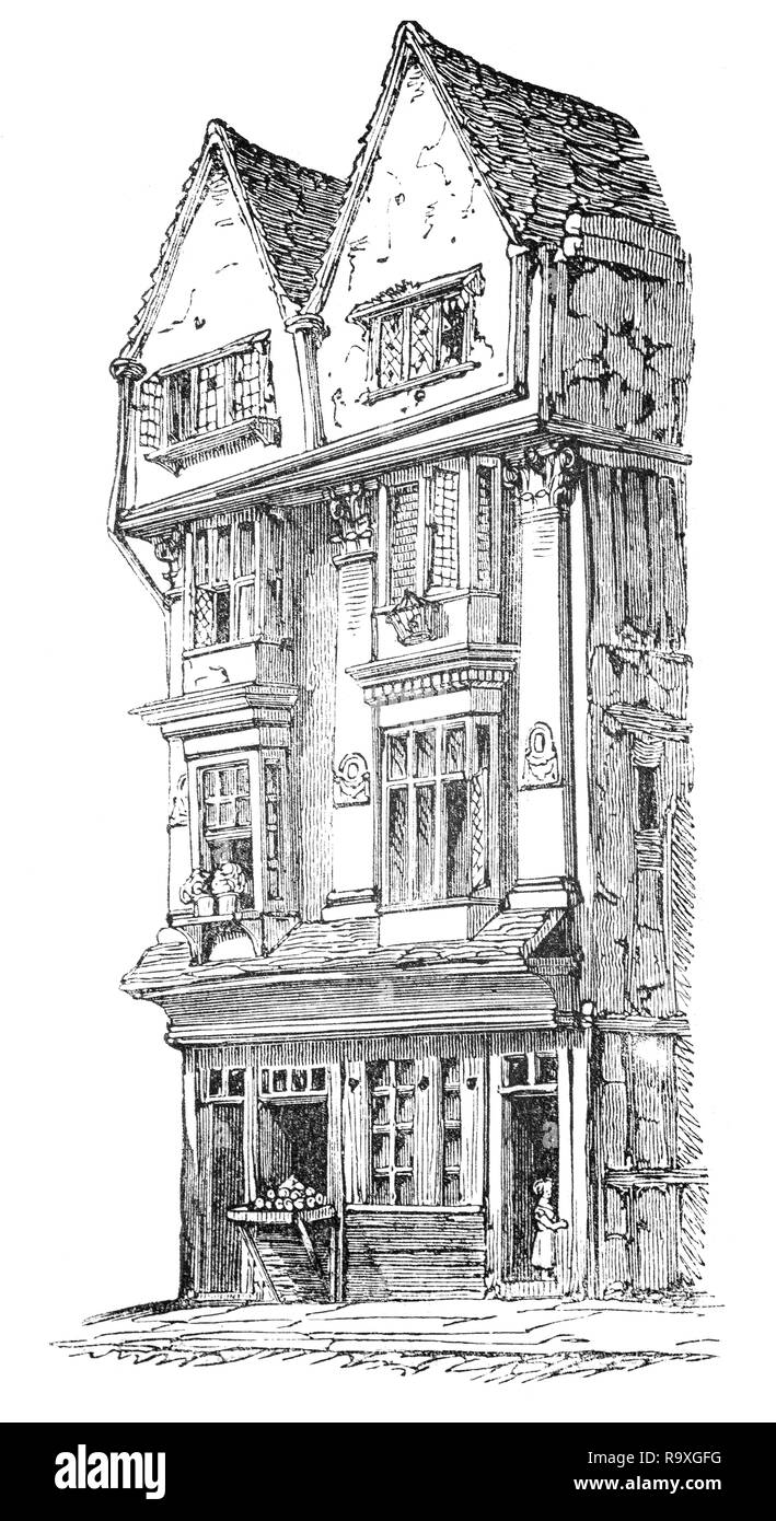 A highly decorative house in early 17th Century Smithfield, in the City of London, England. A number of City institutions were located in the area, such as the Charterhouse, and Livery Halls, including those of the Butchers' and Haberdashers' Companies.  Smithfield has borne witness to many executions of heretics and political rebels over the centuries, including Scottish patriot Sir William Wallace, and Wat Tyler, leader of the Peasants' Revolt, among many other religious reformers and dissenters. Stock Photo