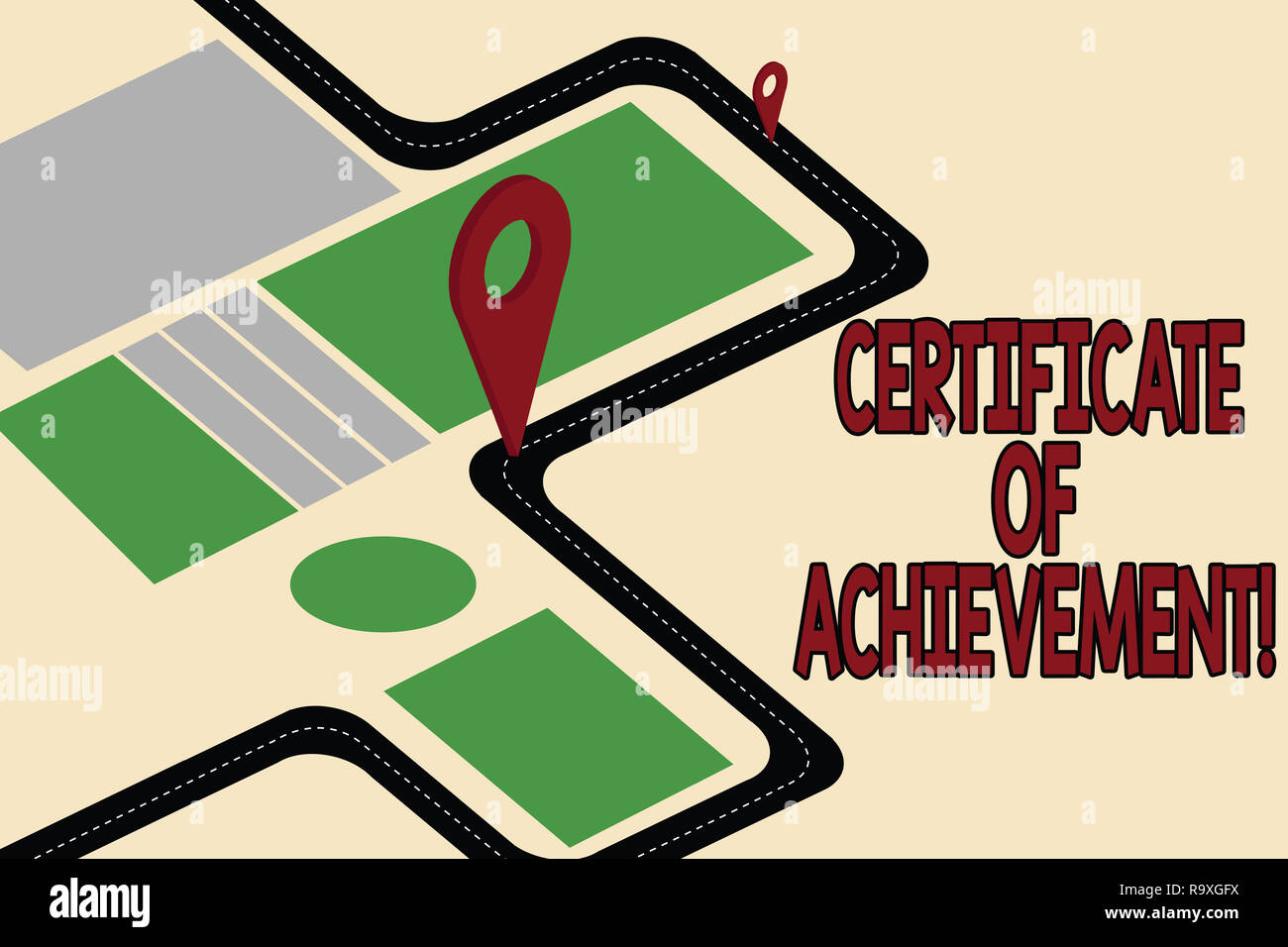 Handwriting text Certificate Of Achievement. Concept meaning certify that a demonstrating done exceptionally well Road Map Navigation Marker 3D Locato Stock Photo