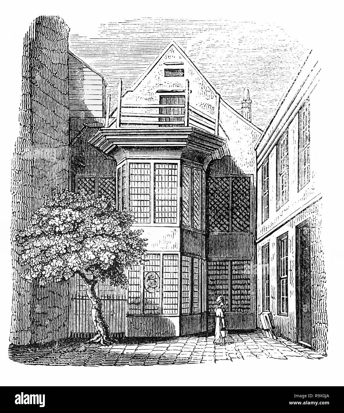 Bangor House in Shoe Lane, or Shoe Alley as it was sometimes called in the sixteenth century, was outside the city wall, in the ward of Faringdon Without. It was the town house of the Bishops of Bangor and adjoined the churchyard of St. Andrew, Holborn, City of London, England, later purchased by Sir John Barkstead in 1647, but after the Restoration it reverted to the Bishops of Bangor who resided there. Stock Photo