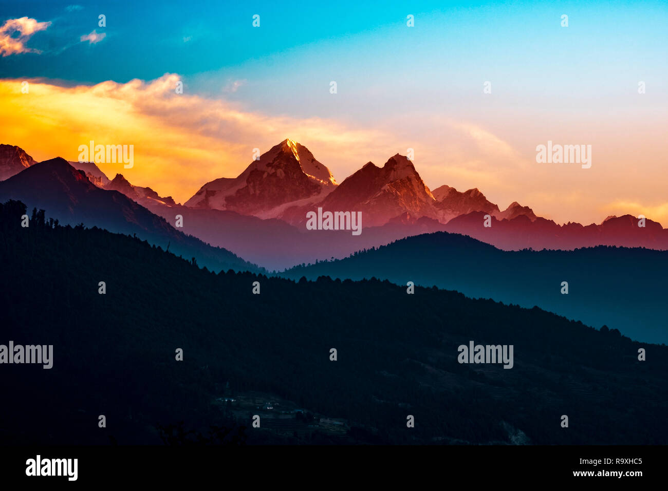 Beautiful mountain range of Helambu in Nepal at sunrise Stock Photo