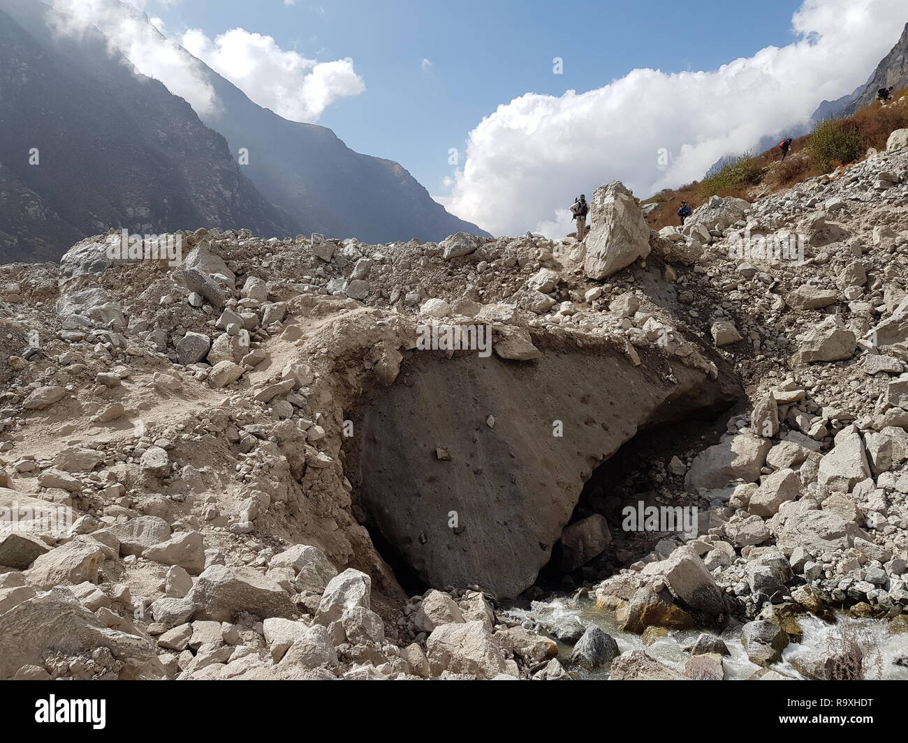 Huge amount of rubble at Langtang village,Nepal. It was caused by the earthquake in 2015. Over 200 people and diverse buildings lying under the rubbis Stock Photo