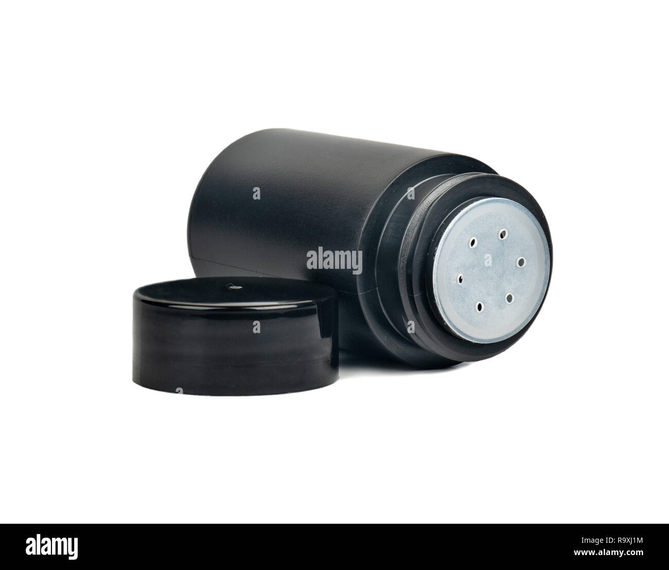 Open black plastic jar on white background Stock Photo - Alamy