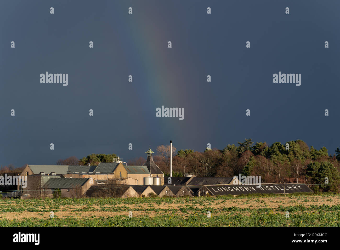 Longmorn Distillery in the rainbow, Moray, Scotland Stock Photo