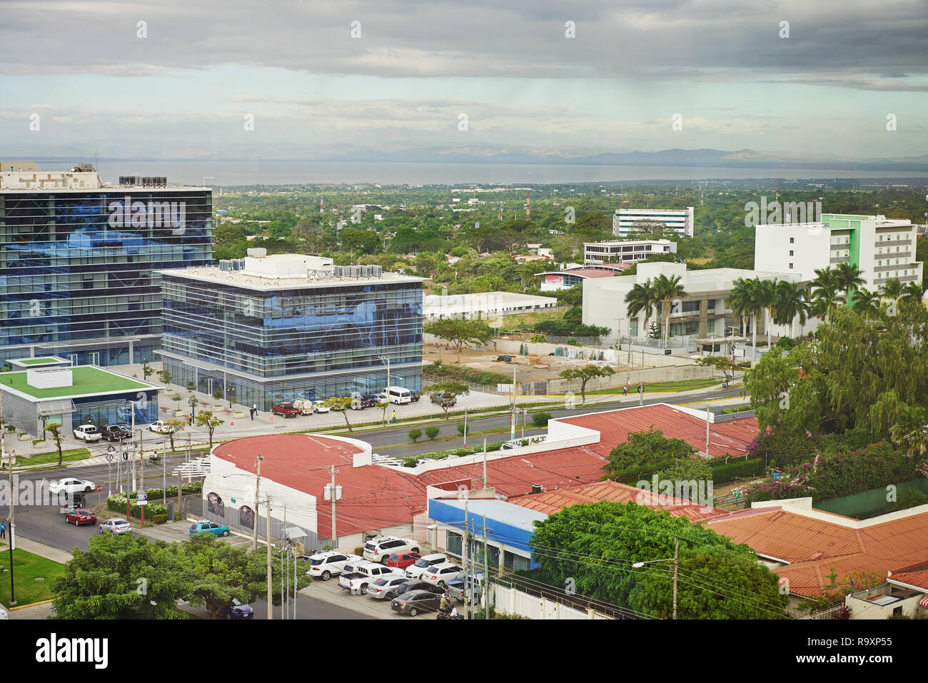Car traffic in business center of managua Nicaragua aerial view Stock Photo
