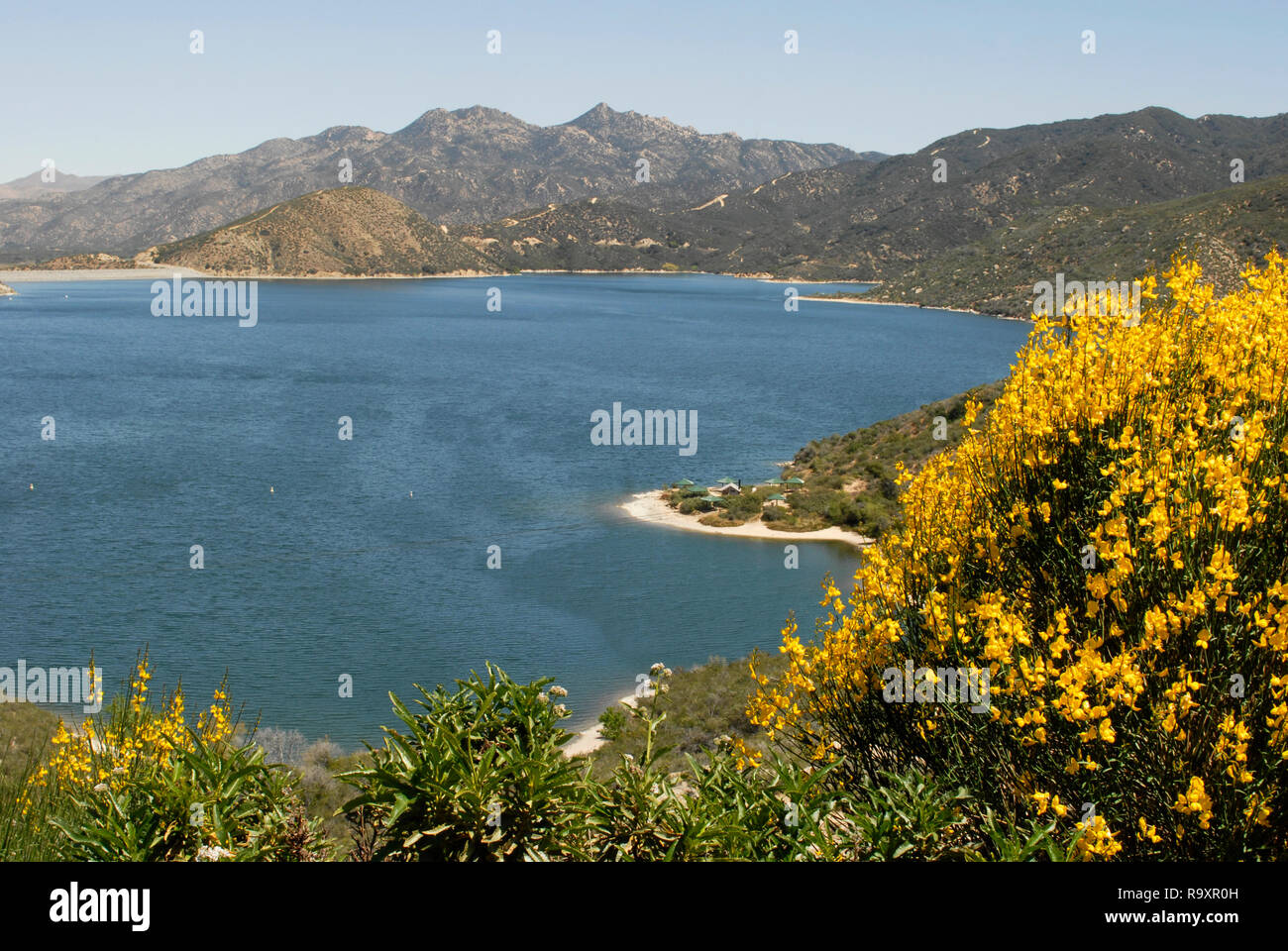 View of Silverwood Lake, California from an overlook on the Rim of the World Scenic Byway. The reservoir was formed in 1971 by the Cedar Springs Dam. Stock Photo