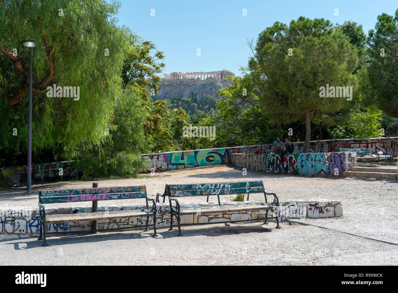 Graffiti Covered Public Benches And Walls In Athens Greece With