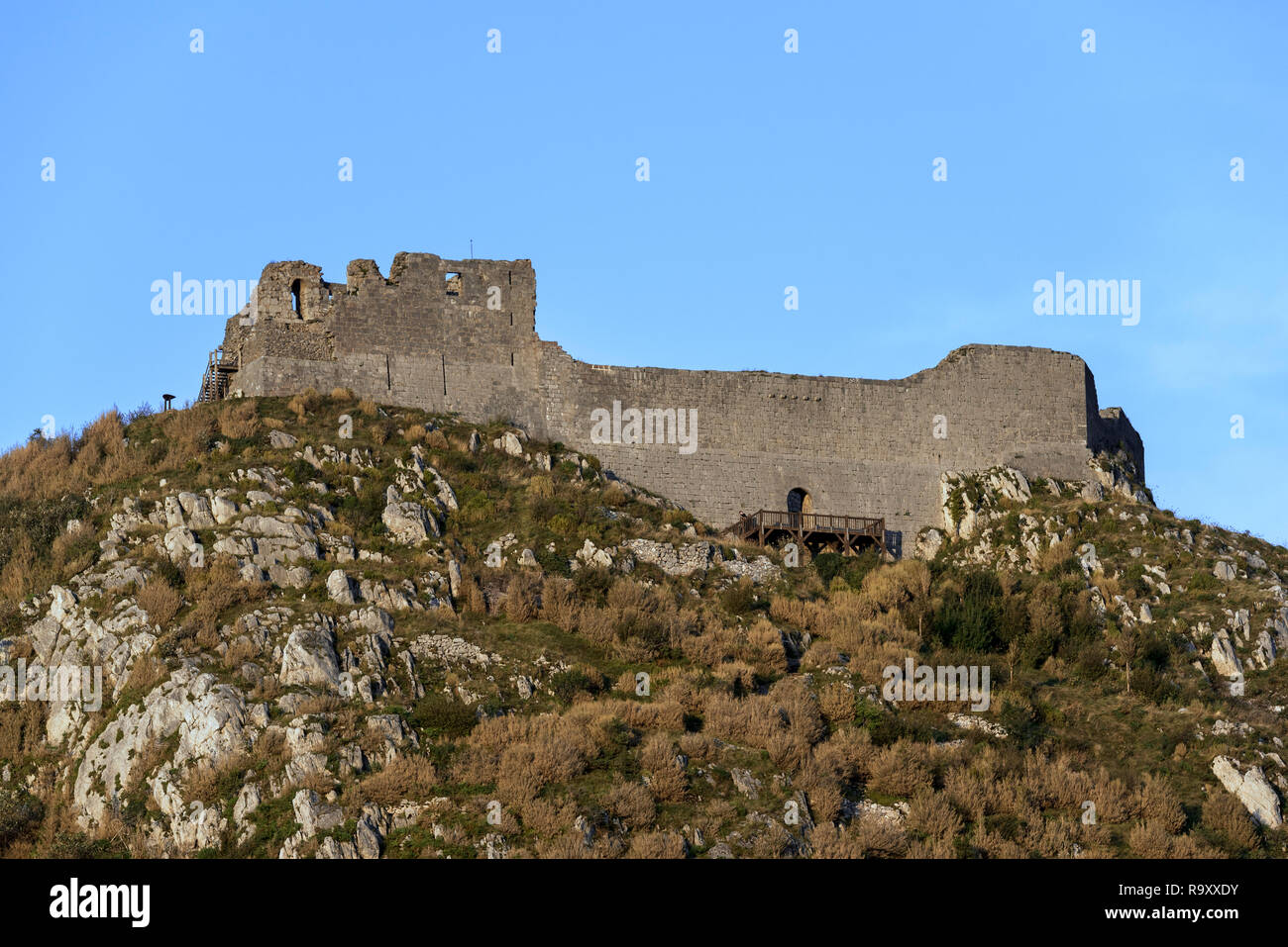 Ruins of the medieval Château de Montségur castle on hilltop, stronghold of the Cathars in the