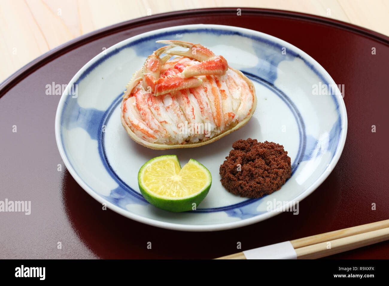 Seko gani, steamed female snow crab meat and egg stuffed on crab shell, Japanese food Stock