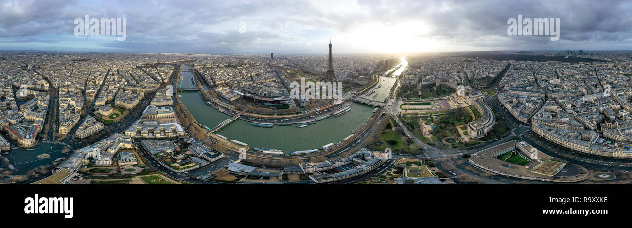 Paris Aerial 360 Panoramic Cityscape View in France. Beautiful City Skyline and Famous Landmarks, Central Downtown Buildings Wide Panorama Stock Photo