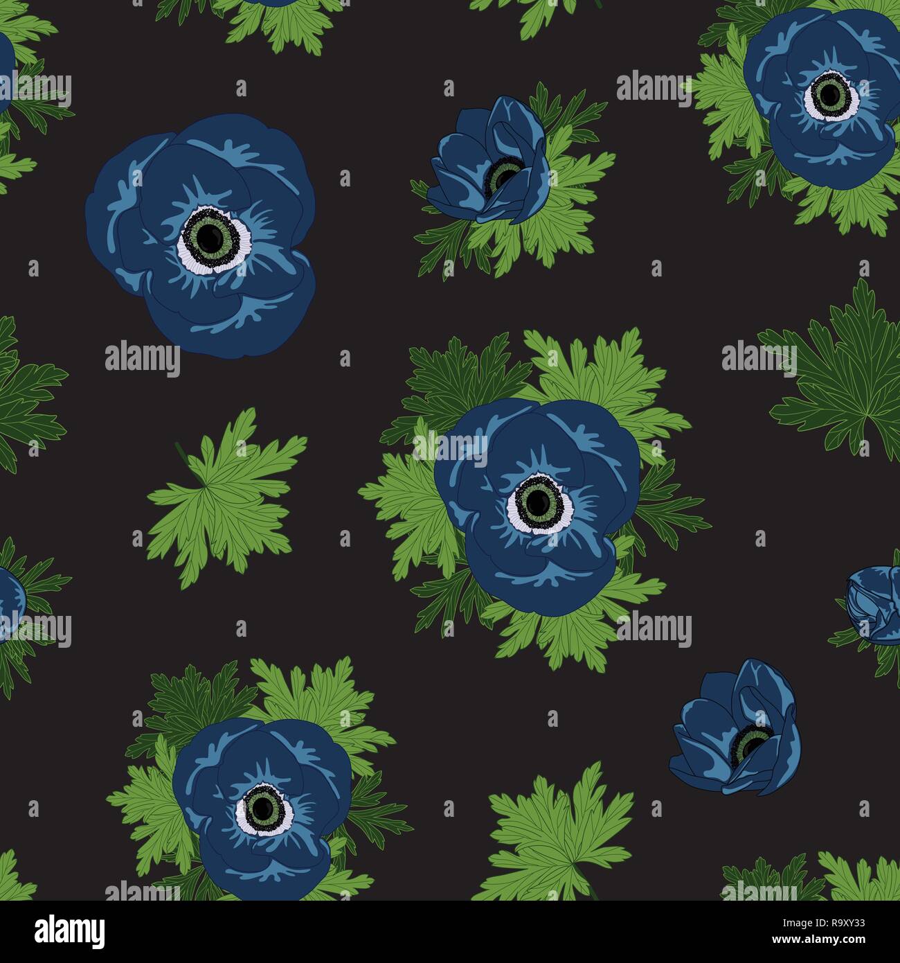Vector floral repeat seamless pattern with blue anemone flowers on black background. Stock Vector