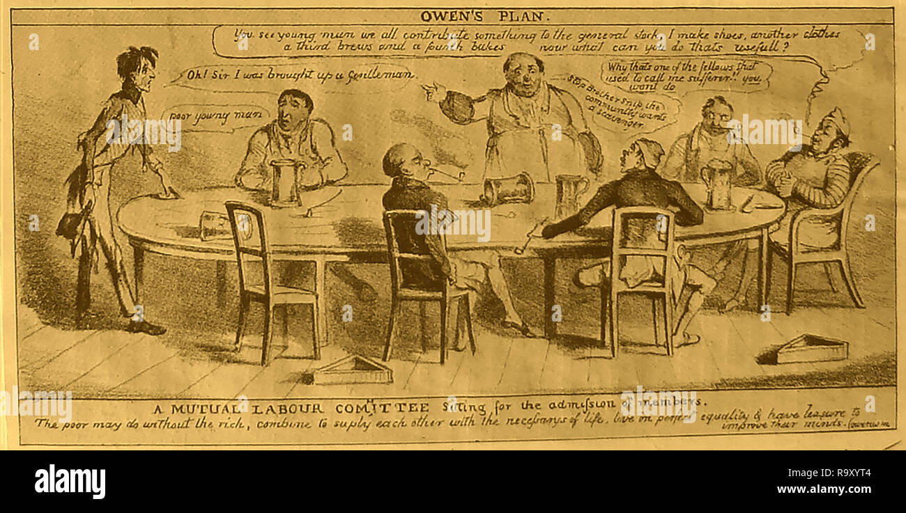 1831 A  Victorian Political cartoon published in 'The Glasgow Looking Glass'  (later the Northern Looking Glass) publication-  discussing Robert Owen's Plan for the permanent relief  of the working classes originally published by the British and Foreign Philanthropic Society. Stock Photo