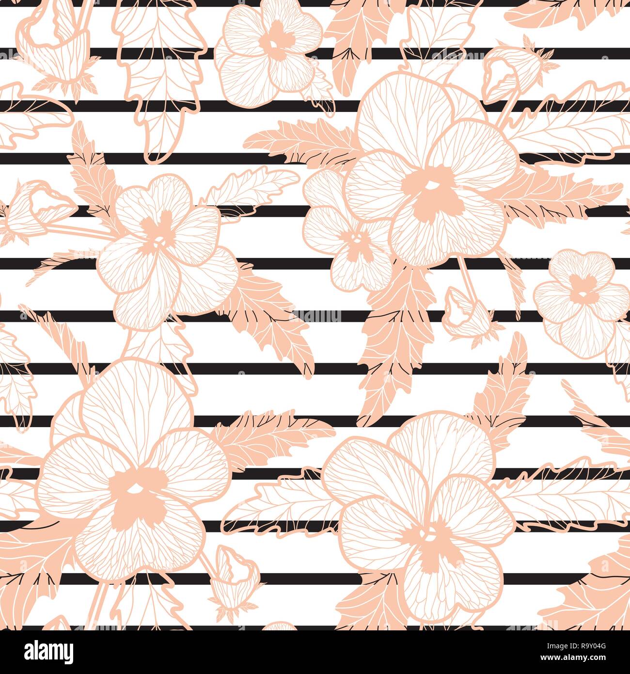 Vector blush pansy pattern on black and white stripe background. Floral vector repeat seamless pattern Stock Vector