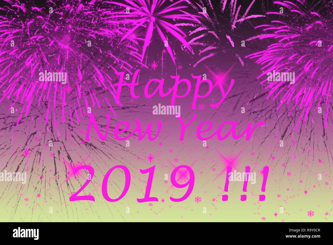 New Year 2019 greetings card. Fireworks effects on background. Stock Photo