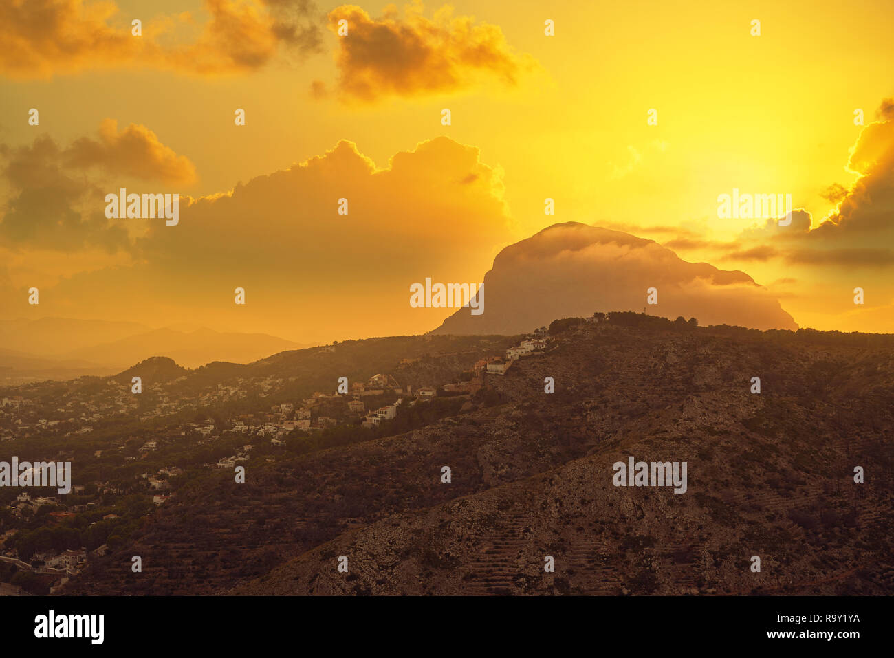 Montgo mountain sunset in Denia Javea of Alicante Spain Stock Photo