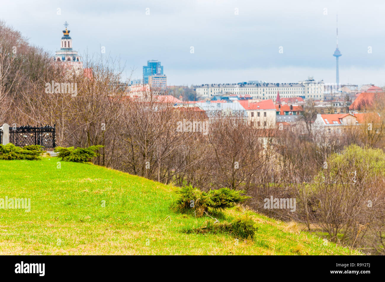 Vilnius, Lithuania - April 28, 2013: Cityscape skyline view on famous Old Town of Vilnius and TV towe on the background from Maironio street viewpoint Stock Photo