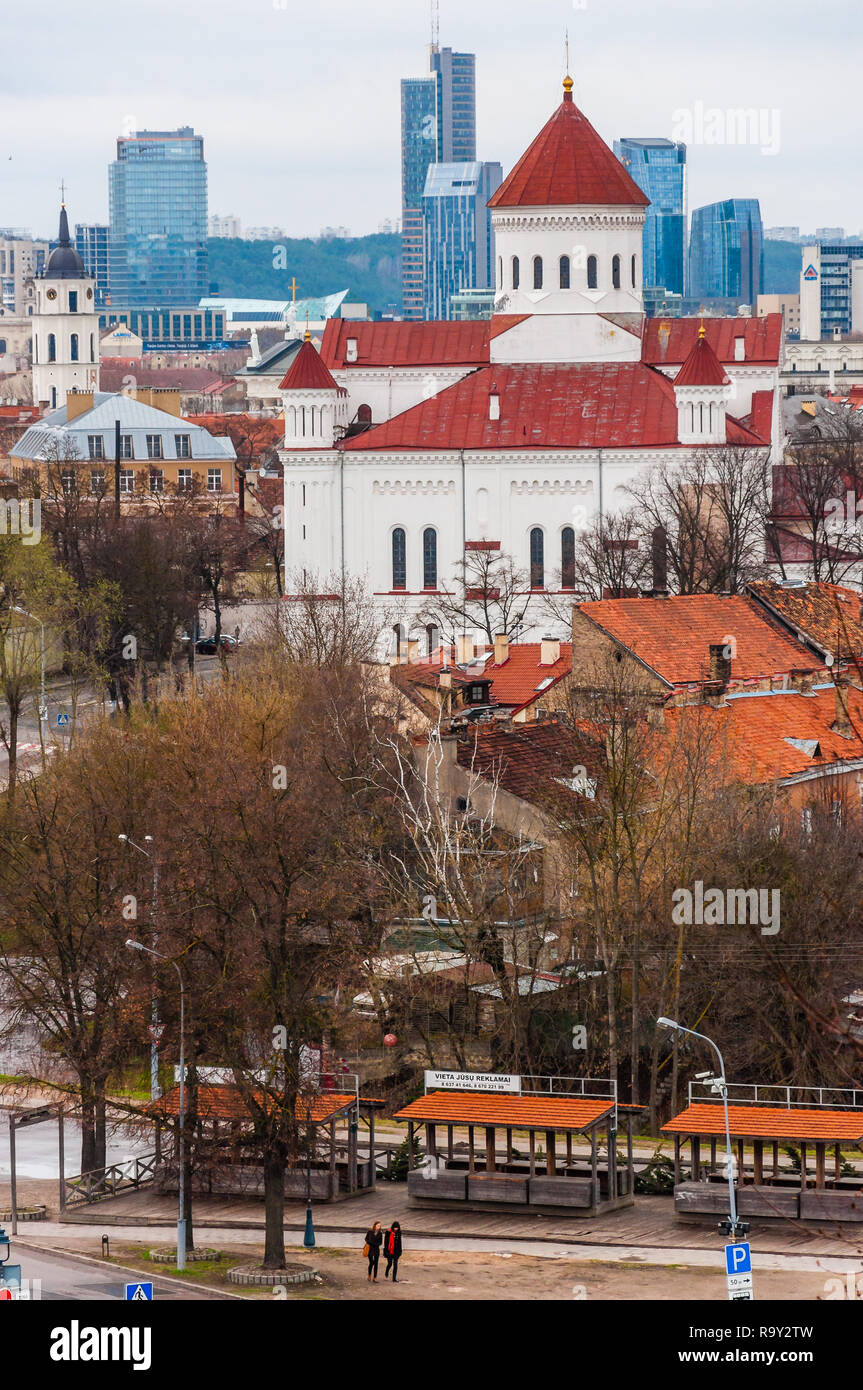 Vilnius, Lithuania - April 28, 2013: Cityscape view on Russian Orthodox Cathedral of the Dormition of the Theotokos and other parts of Old and New Tow Stock Photo