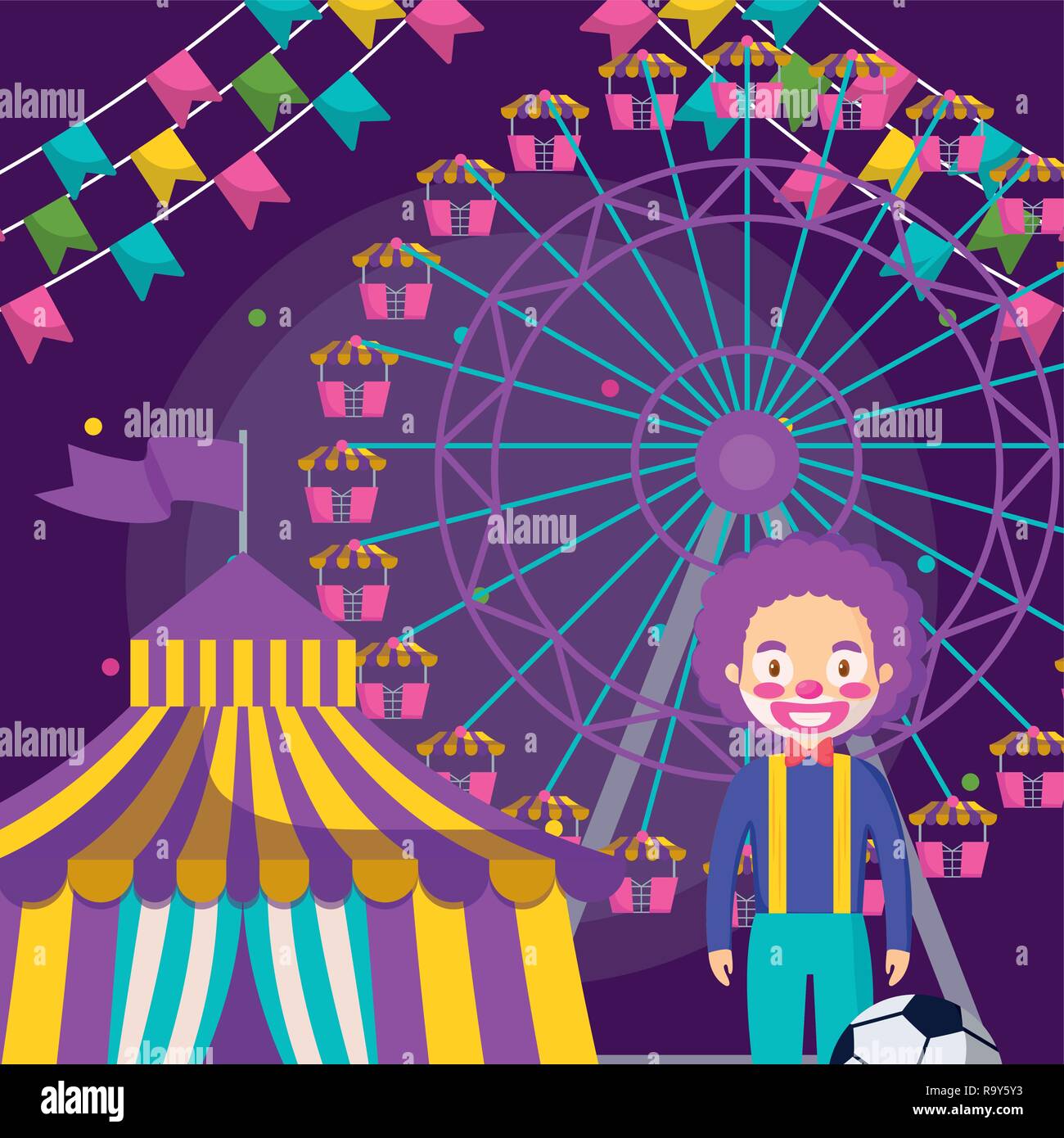 circus tent with clown and wheel fortune vector illustration design ...
