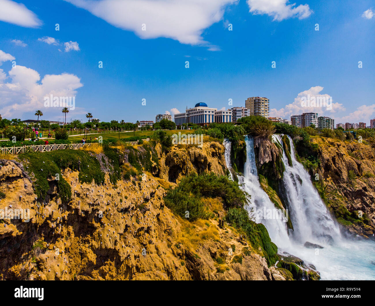 Drone view to the Duden waterfalls in Antalya city on Mediterranean sea Stock Photo