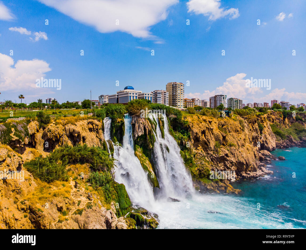 Drone view to the Duden waterfalls in Antalya city on Mediterranean sea Stock Photo