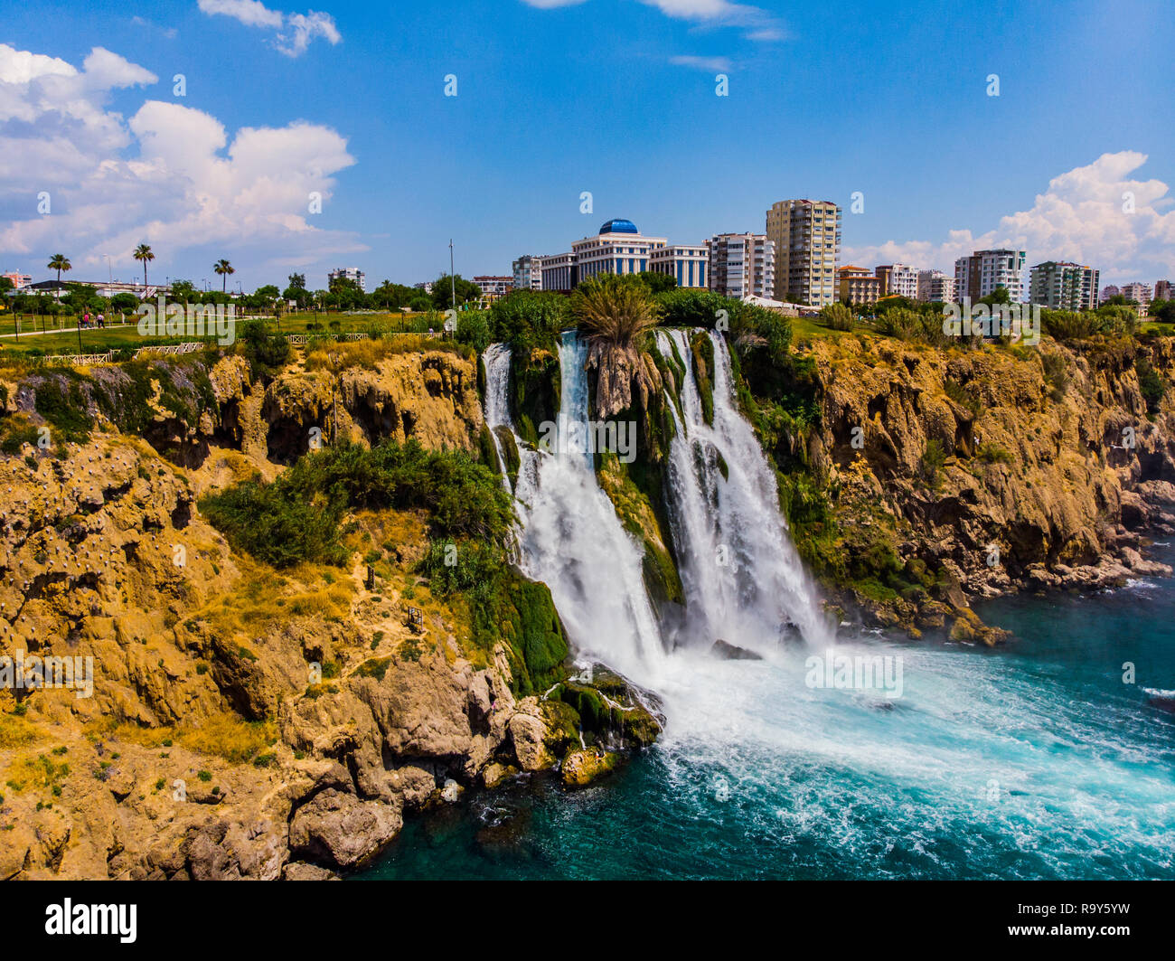 Drone view to the Duden waterfalls in Antalya city on Mediterranean sea Stock Photo