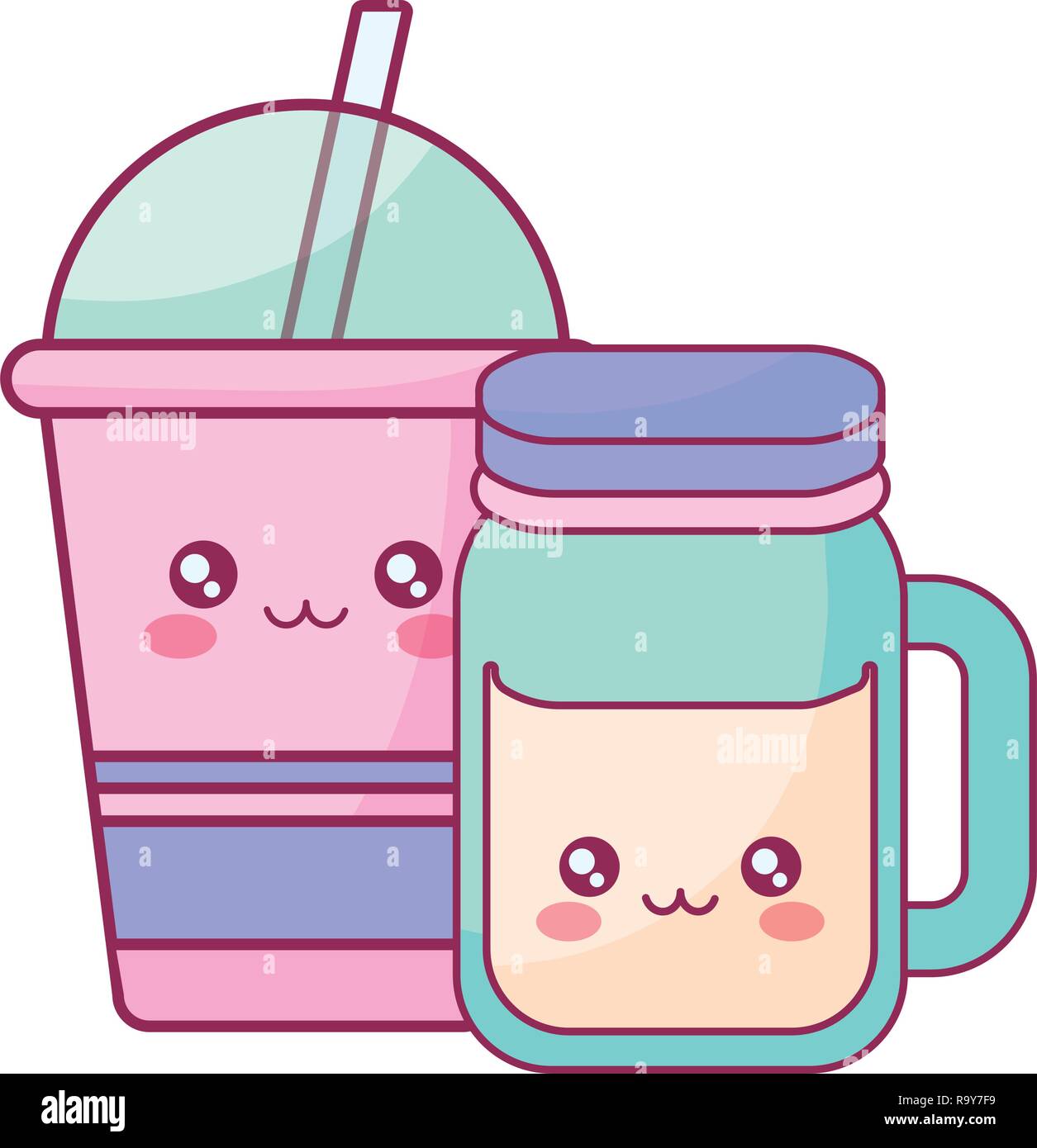 plastic cup container and jar kawaii characters vector illustration