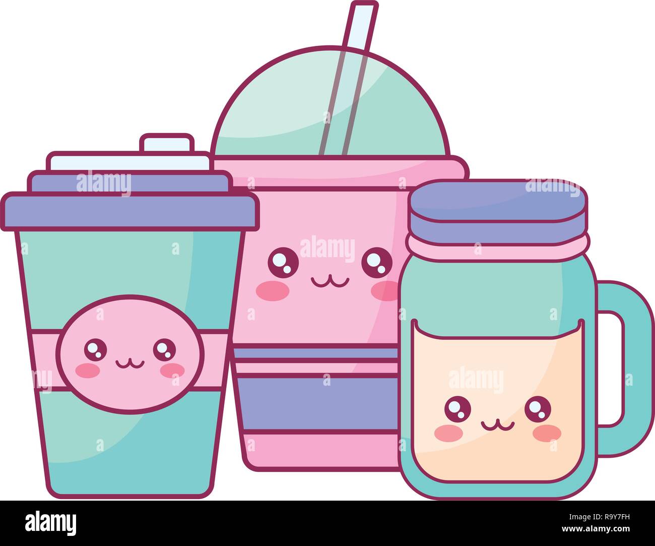 plastic cup container and jar kawaii characters vector illustration