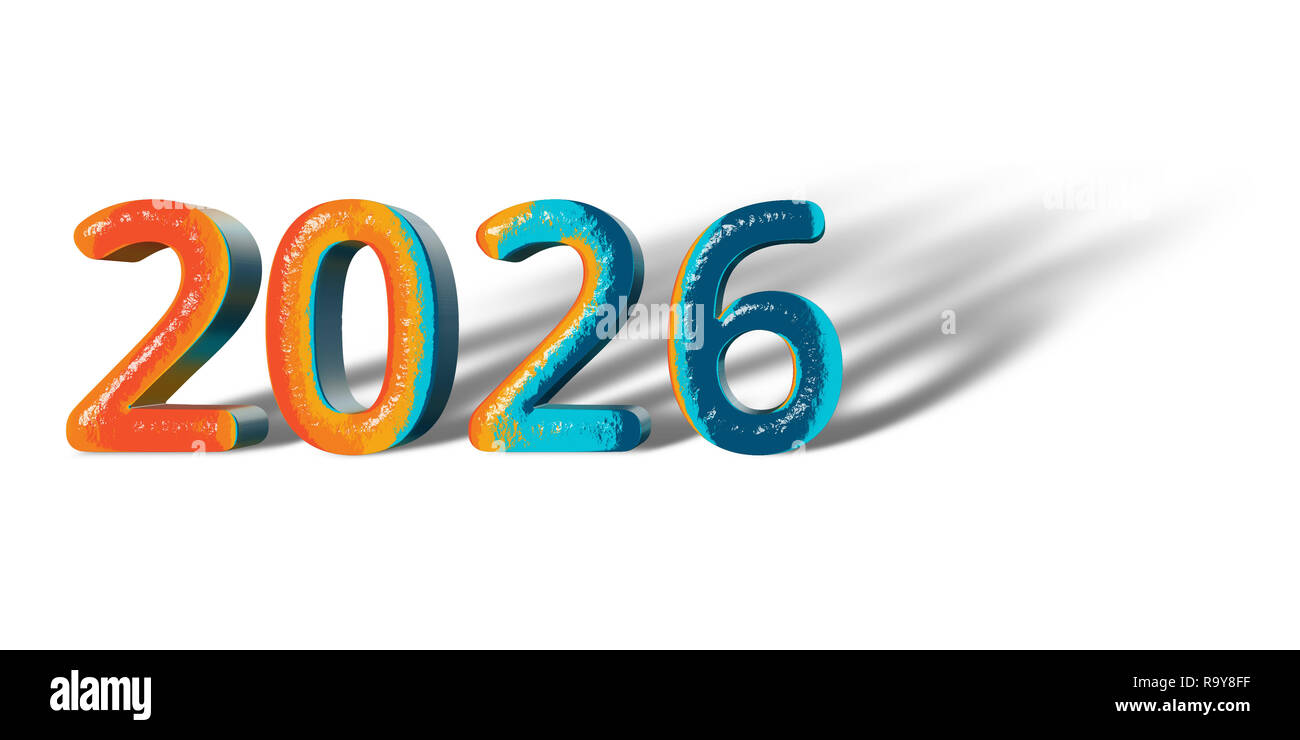 3D Number Year 2026 joyful hopeful colors and white background Stock