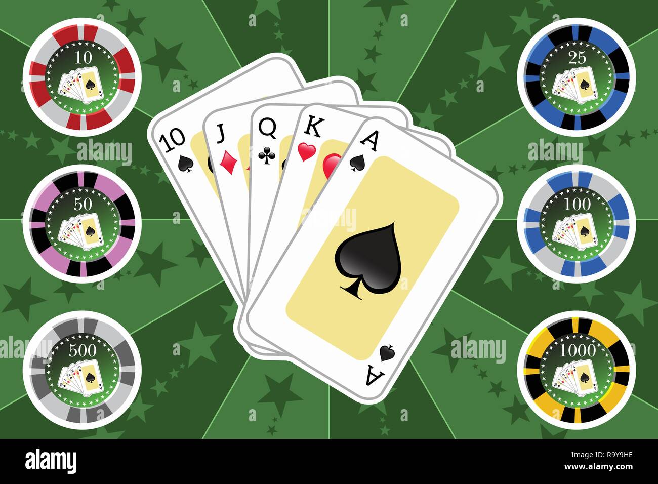 Computer generated illustration: set of poker cards and chips Stock Vector