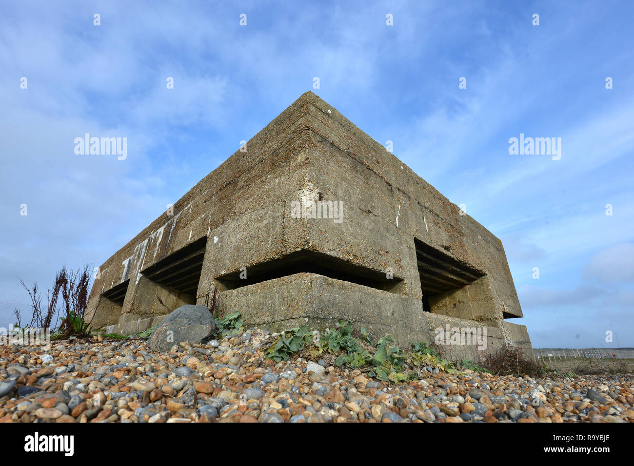 WWII defensive pillbox on Rye beach, East Sussex, UK Stock Photo