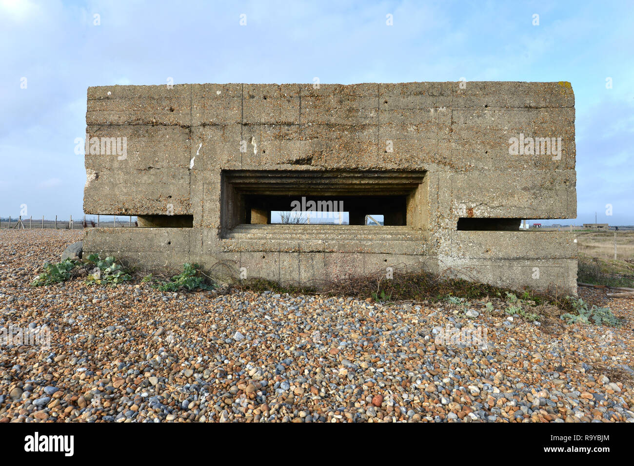 WWII defensive pillbox on Rye beach, East Sussex, UK Stock Photo