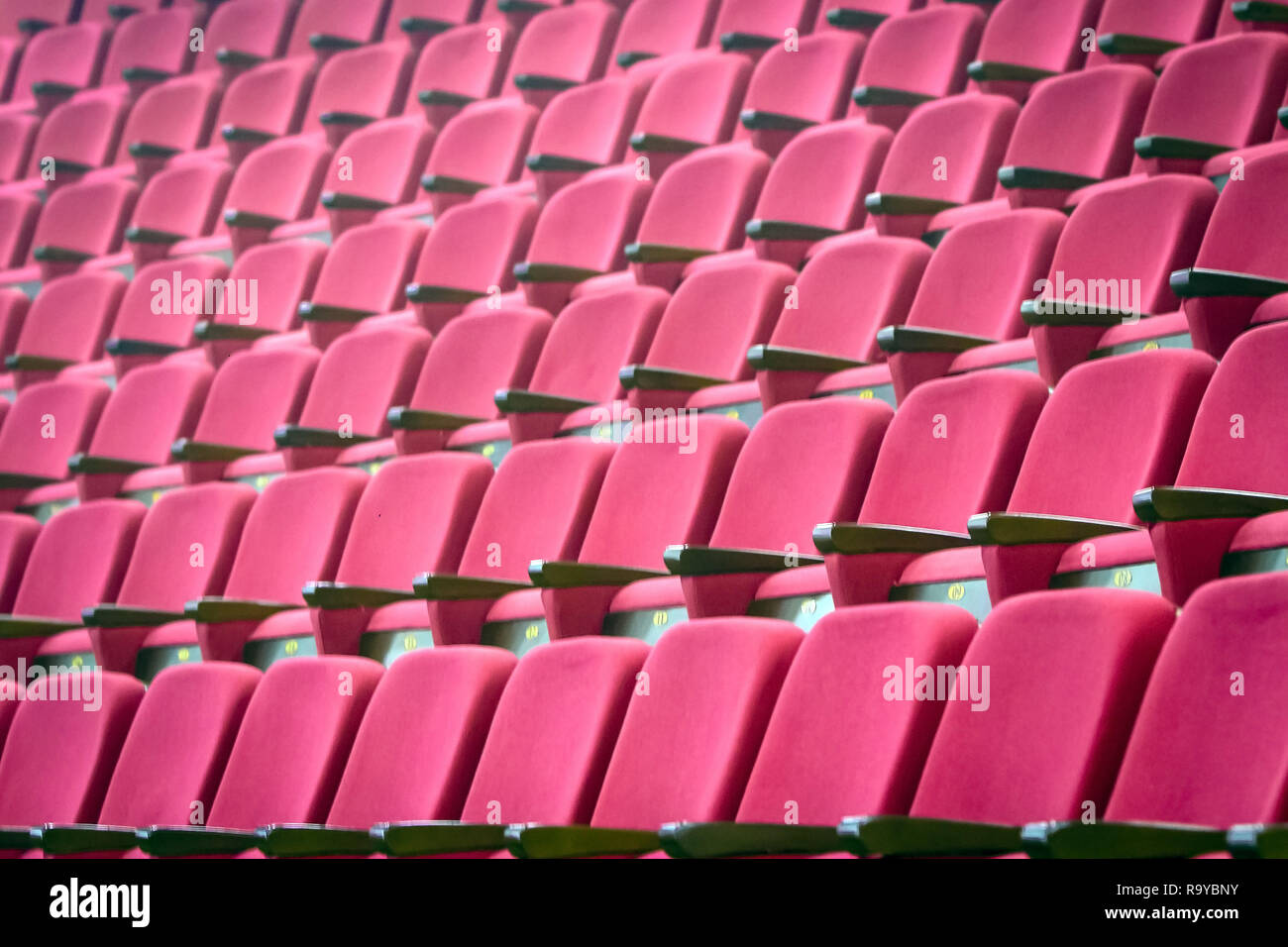 empty red chairs lined up in the old classrooms Stock Photo