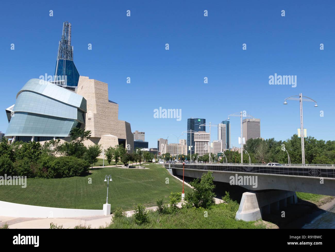 The Canadian Museum of Human Rights - Winnipeg, Manitoba, Canada. Cityscape in Summer with futuristic architecture Stock Photo